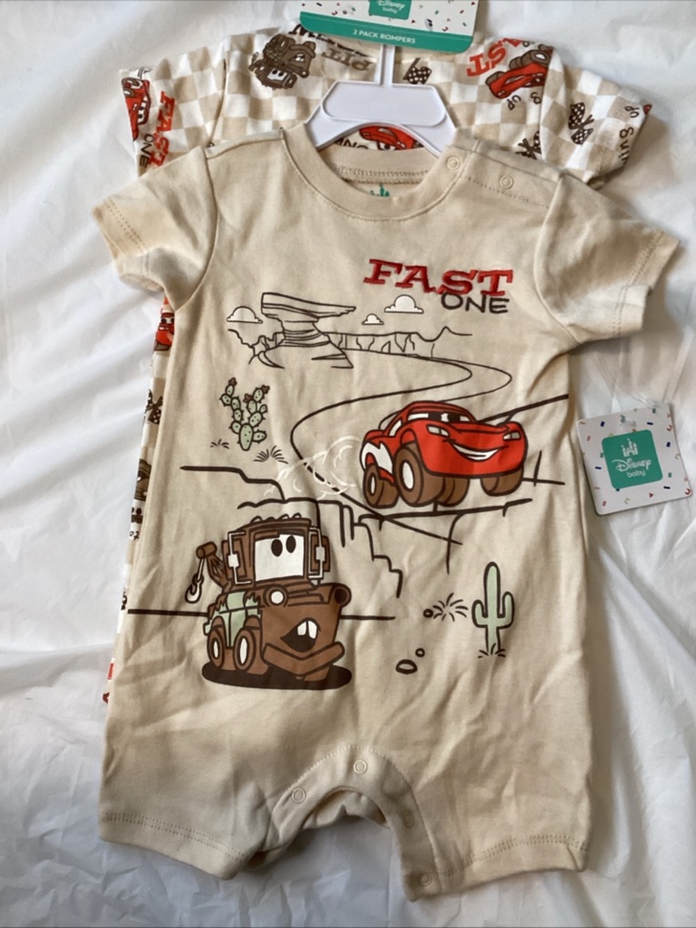 Disney Beige Romper with Red Car and Brown Tow Truck